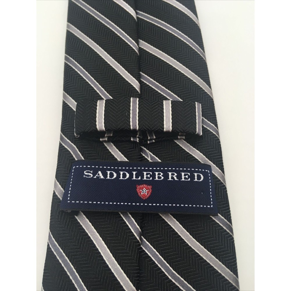 SADDLEBRED Men's Tie Silk polyester blend black with silver stripes classic
